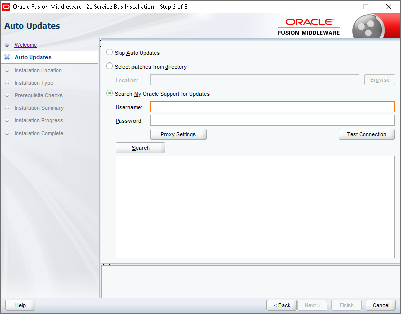 Search My Oracle Support for Updates option at Auto Update step during Oracle software installation